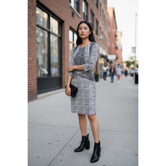 Antonio Melani Black White Textured Sheath Dress Mesh Panels Size 8 - Picture 4 of 16